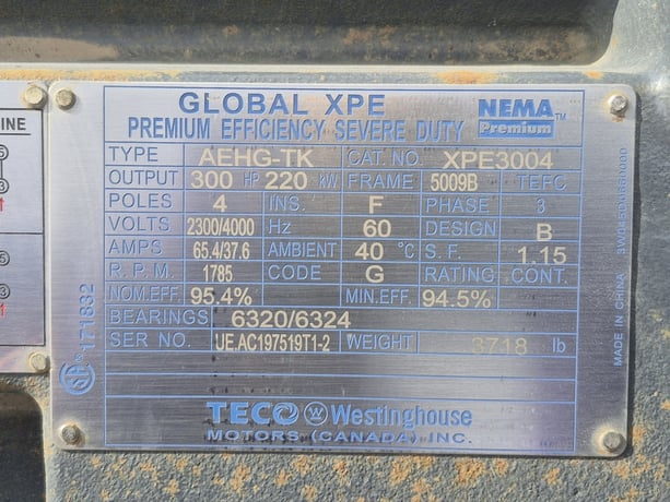 300 HP 1785 RPM Teco Westinghouse AEHG-TK, Frame 5009B, 3 Phase, 60 Hz, 65.4/37.6 Amps, 2300/4000 V - Image 2