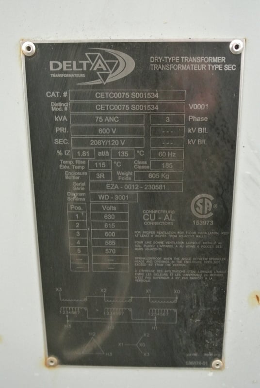 75 KVA 600 Primary, 208/120 Secondary, Delta CETC0075S001534, Transformer, Isolation, Dry Type, 3 Phase, 60 Hz - Image 2