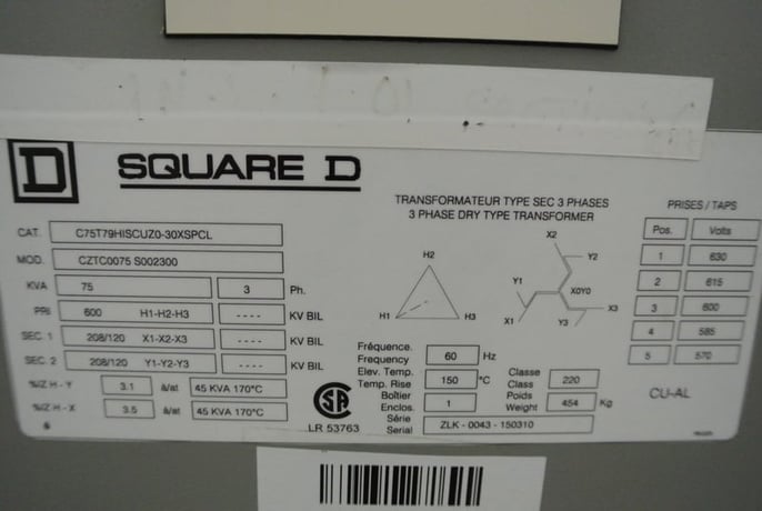 75 KVA 600 Primary, 208/120 Secondary, Square D #C75T79H, Transformer, Isolation, Dry Type, 3 Phase, 60 Hz - Image 2