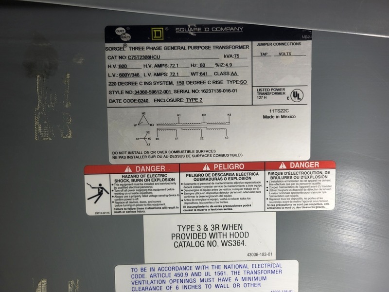 75 KVA 600 Primary, 600/347 Secondary, Square D #C75T2308HCU, Transformer, Isolation, Dry Type, 3 Phase, 60 - Image 2