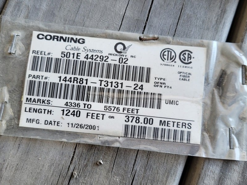 Corning #144R81-T3131-24, Tight-Buffered Fiber Optic Cable, UMIC Fiber Type, 1240' long, 24 Strands, 2001 - Image 2