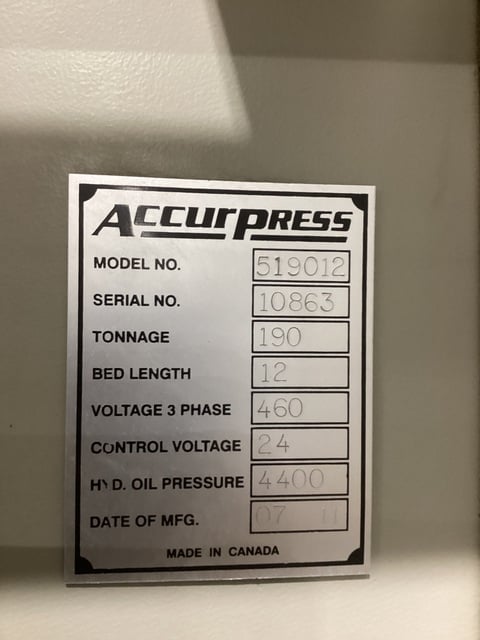 190 Ton, Accurpress #519012, 12' overall, Supreme 8-Axis back gauge, 14" stroke, 2011 - Image 3