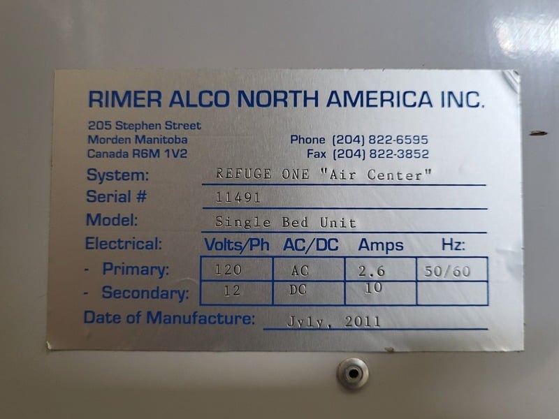 rimer alco north america #refuge-on, Single Bed Mine Refuge System, Refuge One Air Center, 2200 psi Oxygen - Image 2
