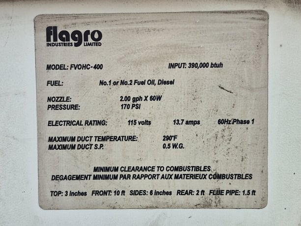 0.39 MMBTU/hr Flagro #FVOHC-400, Indirect Fired Heater w/GenSet, Oil/Diesel Fuel, 170 psi Gas, (2) 60W - Image 2