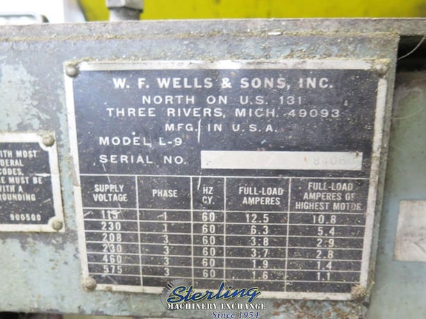 9" x 16" W.F. Wells #L-9, horizontal bandsaw, 14.5" wheel blade, 60-300 FPM, coolant, manual clamping, work - Image 2