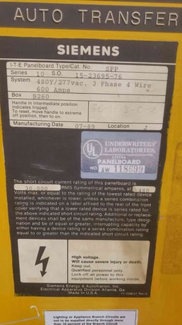 600 Amps, Siemens SPP, Panelboard, 14 Breaker, 480Y/277 Volts, 3PH, 4W, 1989 - Image 2