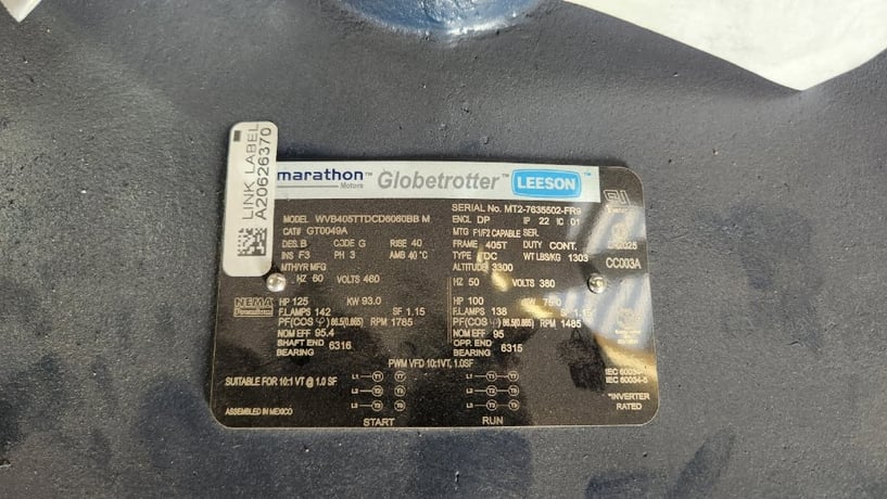 125 HP 1785 RPM Marathon, Frame 405T, DP, 460 Volts, cat # gt0049a, New - Image 1