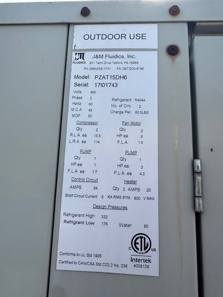 15 Ton, J&M Fluidics #PZAT15DH6, Air-Cooled Chiller, R404A Refrigerant, 460 V, 60 Hz, 3-Ph. - Image 3