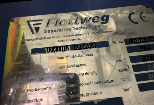 Flottweg #Z23-3/441, Solid Bowl Tricanter Centrifuge, 6000 RPM, Three-Phase Separator, Siemens Control, 2004 - Image 3