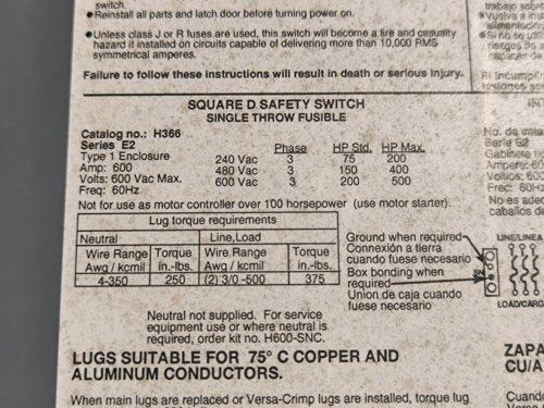 600 Amp. Square D, H366, Fusible Safety Disconnect Switch, 600VAC, 3PH, 3P, Type 1 - Image 2