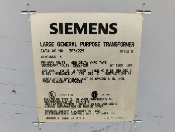 225 KVA 480 Primary, 208Y/120 Secondary Siemens 3F3Y225, General Purpose Transformer, 3Ph, 3R, AS-IS - Image 2