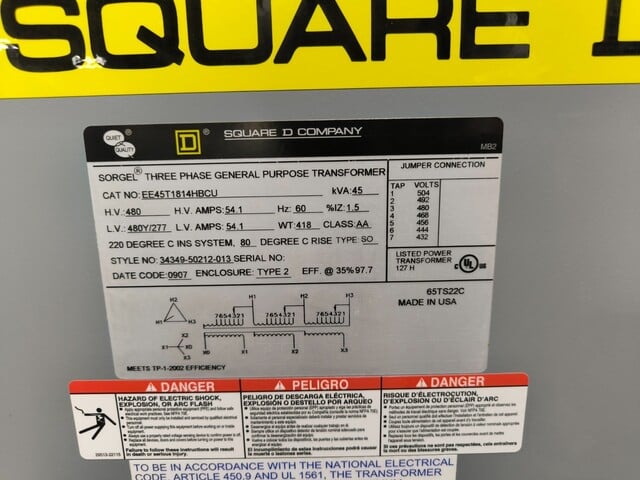 45 kVA 480 Primary, 480Y/277 Secondary Square D EE45T1814HBCU, Sorgel Transformer, 54.1 Amp, 2-3R - Image 2