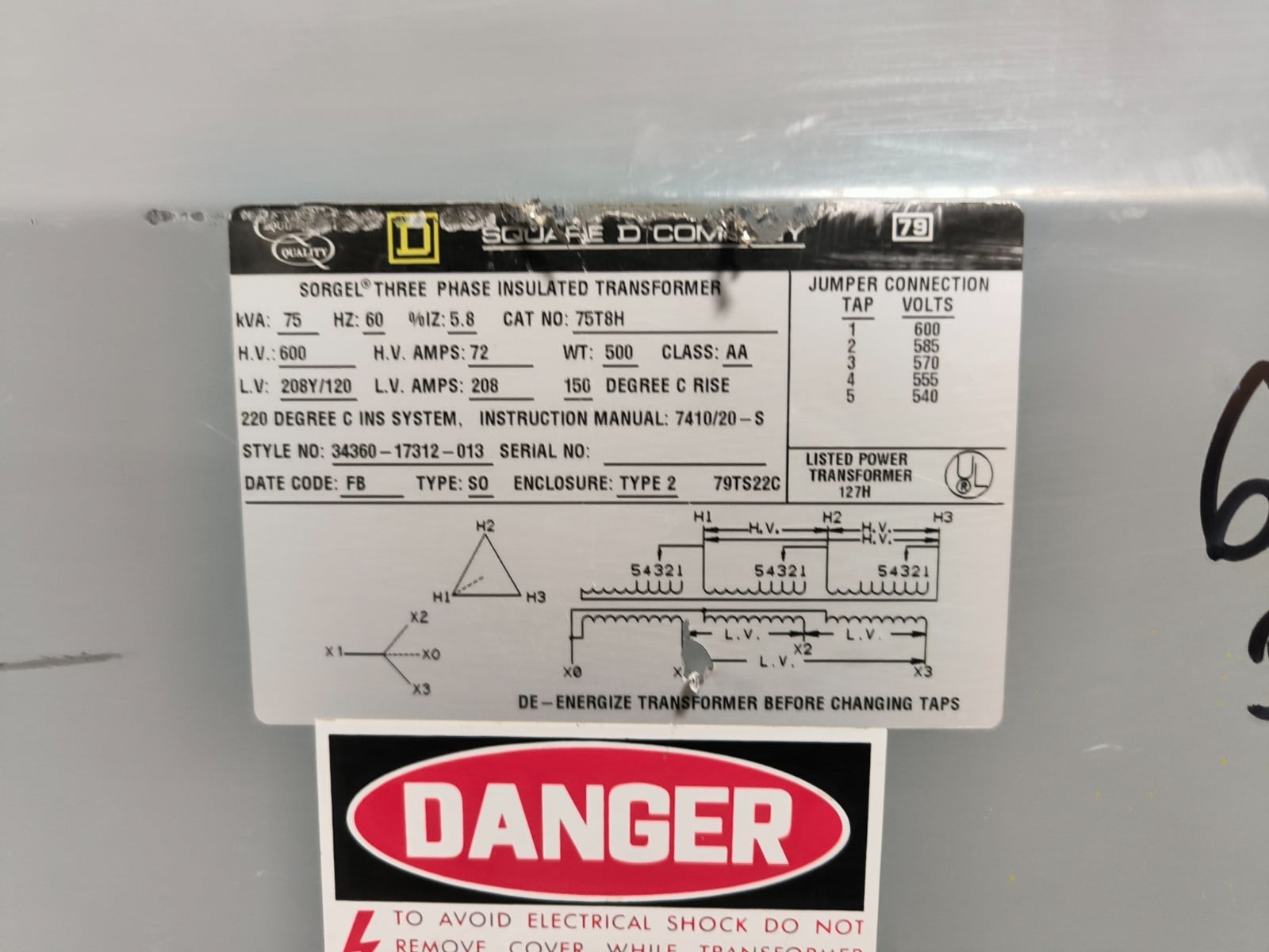 75 KVA 600-208Y Primary, 120 Secondary Square D 75T8H, Sorgel Transformer, 72-208 Amp, Type 2 Encl - Image 2