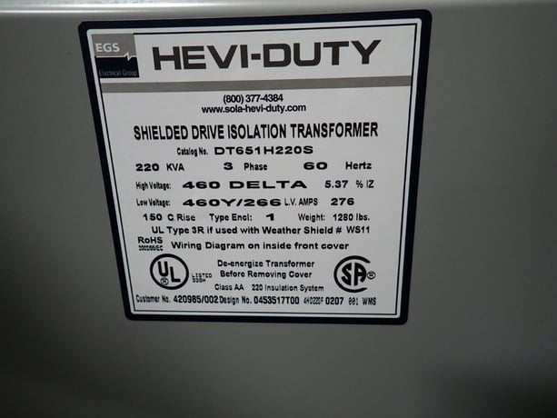 220 KVA 460 Primary, 460Y/266 Secondary, EGS #DT651H2205, Transformer, 3 Phase, 60 Hz, 276 Amps - Image 2