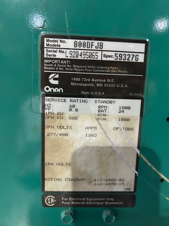 800 KW, 1800 RPM, Onan Model 800DFJB, 277/480 Volts, 0 Housing/ No. 18 Flywheel - Image 1