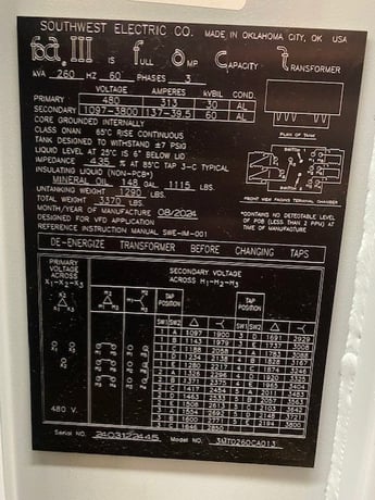 260 KVA 480 Primary, 1097-3800 Secondary Southwest Electric, transformer, oil filled, 2024 - Image 2