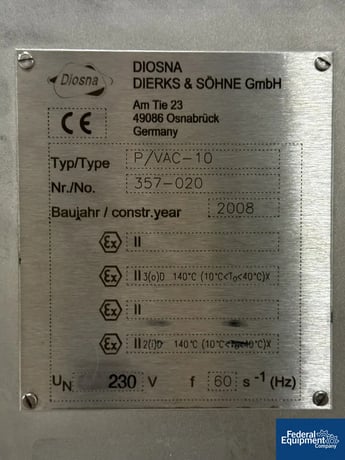 10 Liter Diosna #P/VAC-10, High Shear Mixer, Stainless Steel, side chopper, EX-ii rated, 230 V., 2008 - Image 2