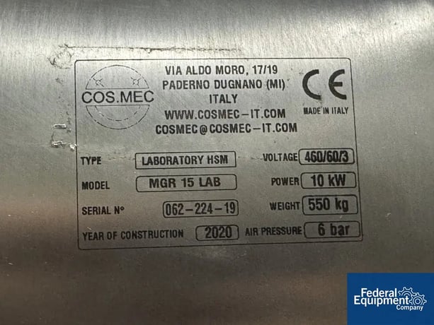 15 Liter Cosmec #MGR-15-Lab, High Shear Mixer, 460 V., 6 bar, Stainless Steel, 2020, AS IS - Image 2