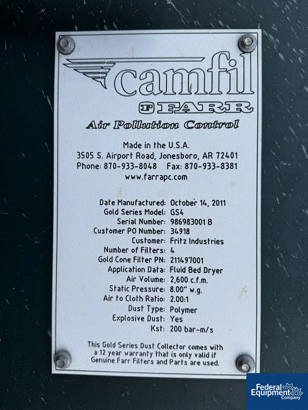 Camfil Farr #GS4, Dust Collector, Carbon Steel, 7.5 HP blower, 2011 (3 available) - Image 2