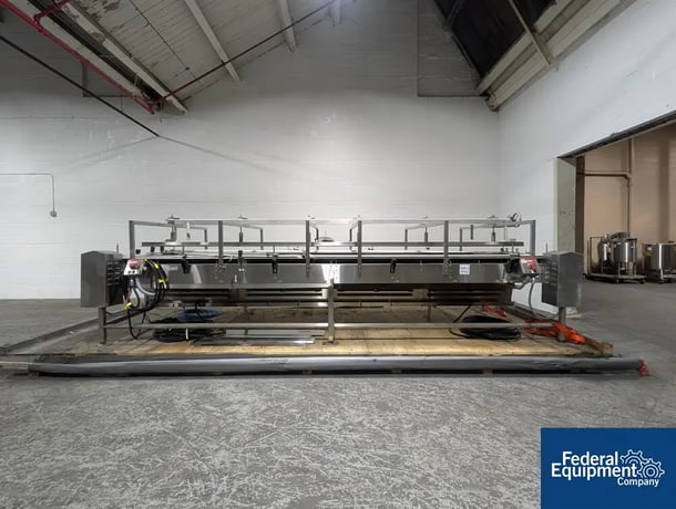 72" width x 175" L Barry Wehmiller, Accumulation Conveyor, Stainless Steel, 2x 36" belts, 1 HP, 4" middle - Image 1