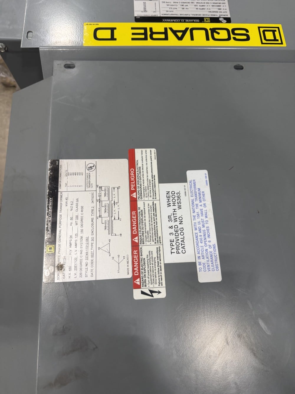 112.5 KVA 480 Delta Primary, 208Y/120 Secondary, Square D, Cat No. 453TH - Image 2