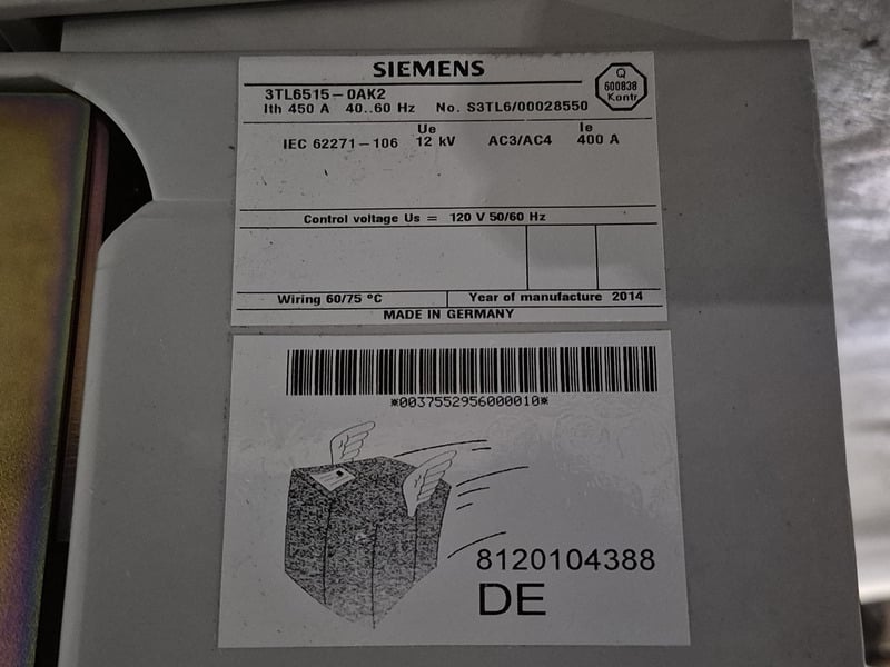 400 Amps. Siemens #3TL6515-0AK2, Vacuum Contactor, 3 Pole, 12 KV, 2014 - Image 2