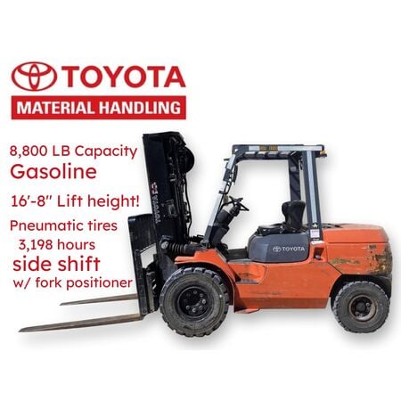 8800 lb. Toyota #7FGU45, forklift, 200" lift height, 3198 hours, pneumatic tire, side shift w/ fork positioner - Image 1
