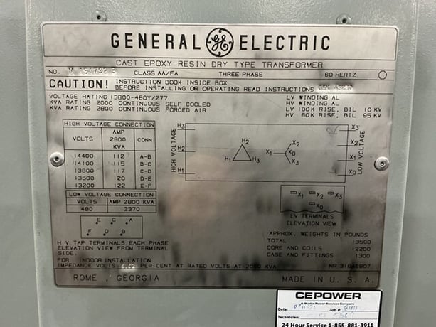 2000/2800 KVA 13800 Primary, 480Y/277 Secondary, General Electric, cast epoxy resin dry type transformer - Image 8