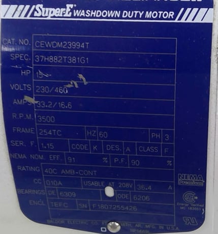 15 HP 3600 RPM Baldor Reliance Super E CEWDM2399AT, Frame 254TC, TEFC, 2P, 230/460 Volts - Image 2