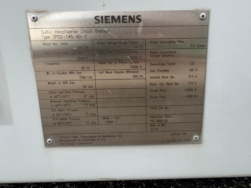 2000 Amps, Siemens, service factor 6 / SPS 2 145402 SF6 / SPS2-145-40-2, gas insulated cuitcuit breaker, 145 - Image 5