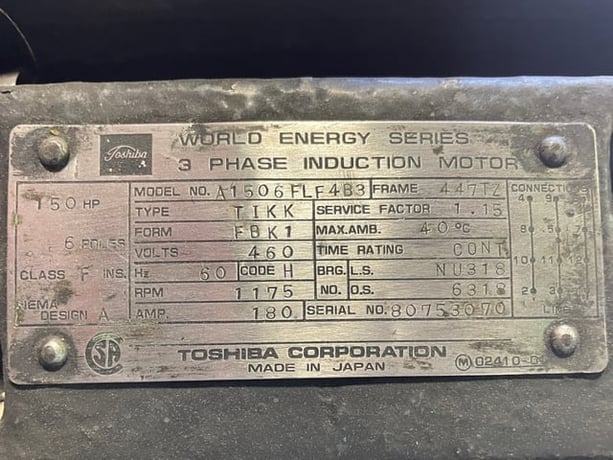 150 HP 1200 RPM Toshiba, Frame 447TZ, TEFC BB, 460 Volts - Image 3