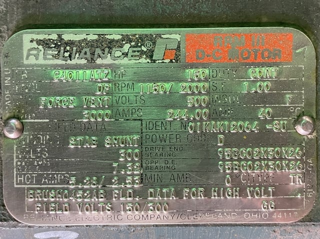 150 HP 1200 RPM Reliance, Frame C4011ATZ, DPFVBB, 500 VA, 300/150 VF - Image 3