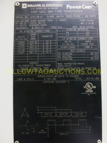 7.5/10 MVA 12470 Delta Primary, 4160Y/2400 Secondary, Square D, dry, cast coil, like new (2 available) - Image 1