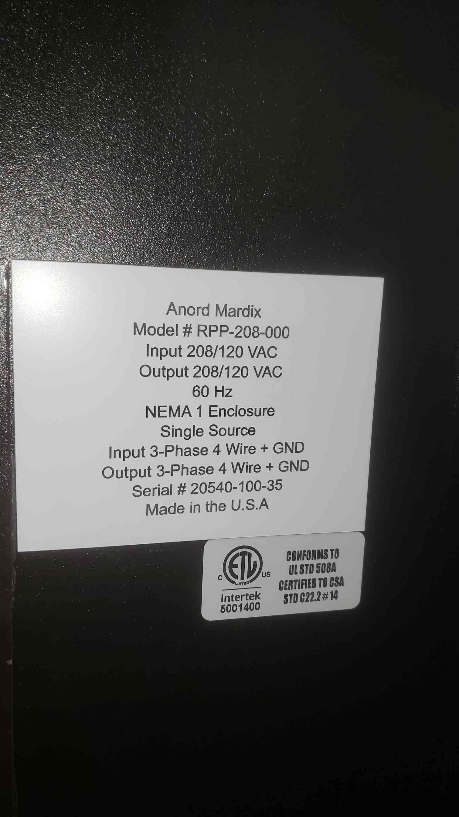 Anord Mardix #RPP-208-000, PDU, 208/120 VAC, NEMA 1, 3ph, 4W - Image 6