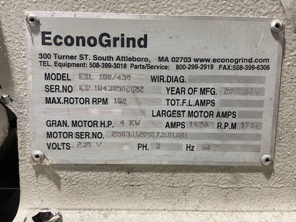 19.9" x 11.4" EconoGrind #ESL180/430, granulator, 5.5 HP, 2 bed knives, 45 fly knives, 2003 - Image 2
