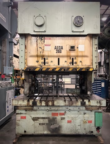 275 Ton, Aida #NC2-250(2), double crank gap frame OBI Press, 11" stroke, 14-27 SPM, 4.7" adj, 86.2" between - Image 2