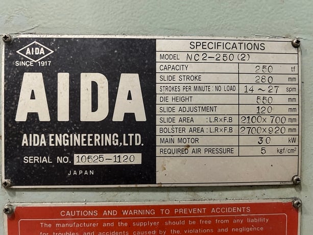 275 Ton, Aida #NC2-250(2), double crank gap frame OBI Press, 11" stroke, 14-27 SPM, 4.7" adj, 86.2" between - Image 9