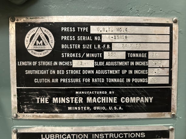 32 Ton, Minster #4, flywheel gap, 3" stroke, 9.5" Shut Height, 24" x 15" bed, 100 SPM - Image 8