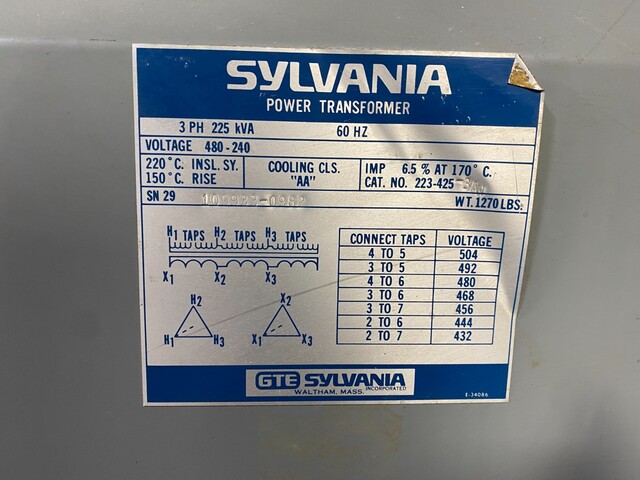 225 kVA 480/240 Primary, , GTE Sylvania 223-425-3AN, Power Transformer, 3PH, Cooling AA - Image 2