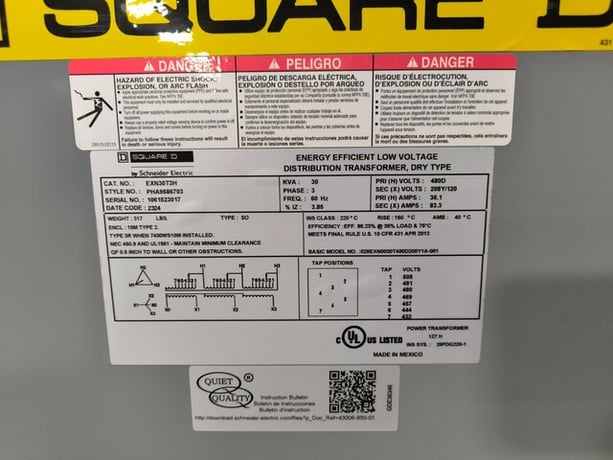 30 KVA 480 Delta Primary, 208Y/120 Secondary, Square D EXN30T3H, Transformer, 36.1-83.3 A, 3R, unused - Image 3