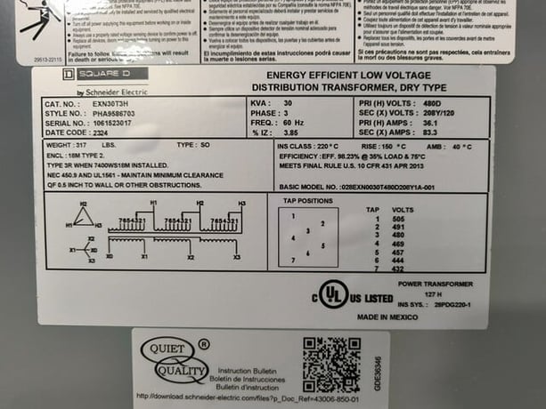 30 KVA 480 Delta Primary, 208Y/120 Secondary, Square D EXN30T3H, Transformer, 36.1-83.3 A, 3R, unused - Image 4