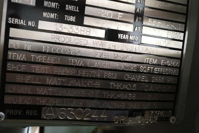 292 sq.ft., 555 psi shell, 2220 psi tube, Exchanger Industries #E-5300, Heat Exchanger, 12" Diameter, 272" L - Image 5