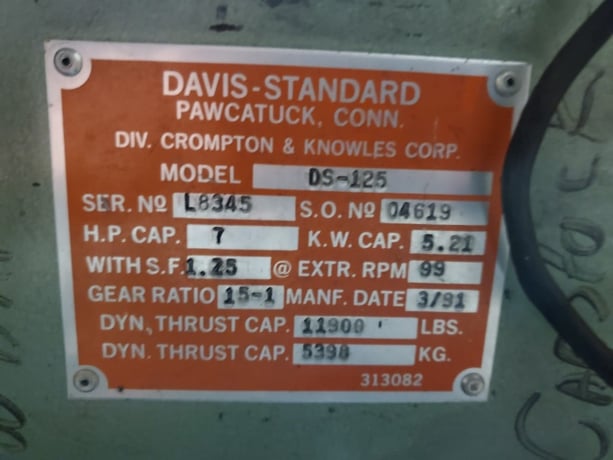 1.25" Davis Standard #DS-125, plastic extruder, 24:1 L/D, 15:1 G/B ratio, 5 HP DC motor, 1991 - Image 6