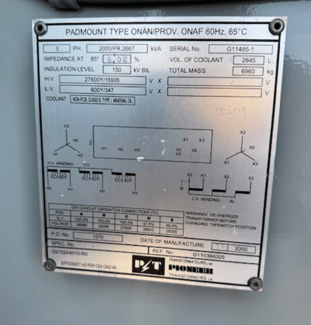 2000 KVA 27600Y/15935V Primary, 600Y/347 Secondary, Pioneer, Padmount Transformer - Image 5