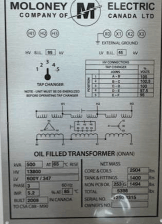 500 KVA 13800 Primary, 600Y/347 Secondary, Moloney, oil filled transformer - Image 3