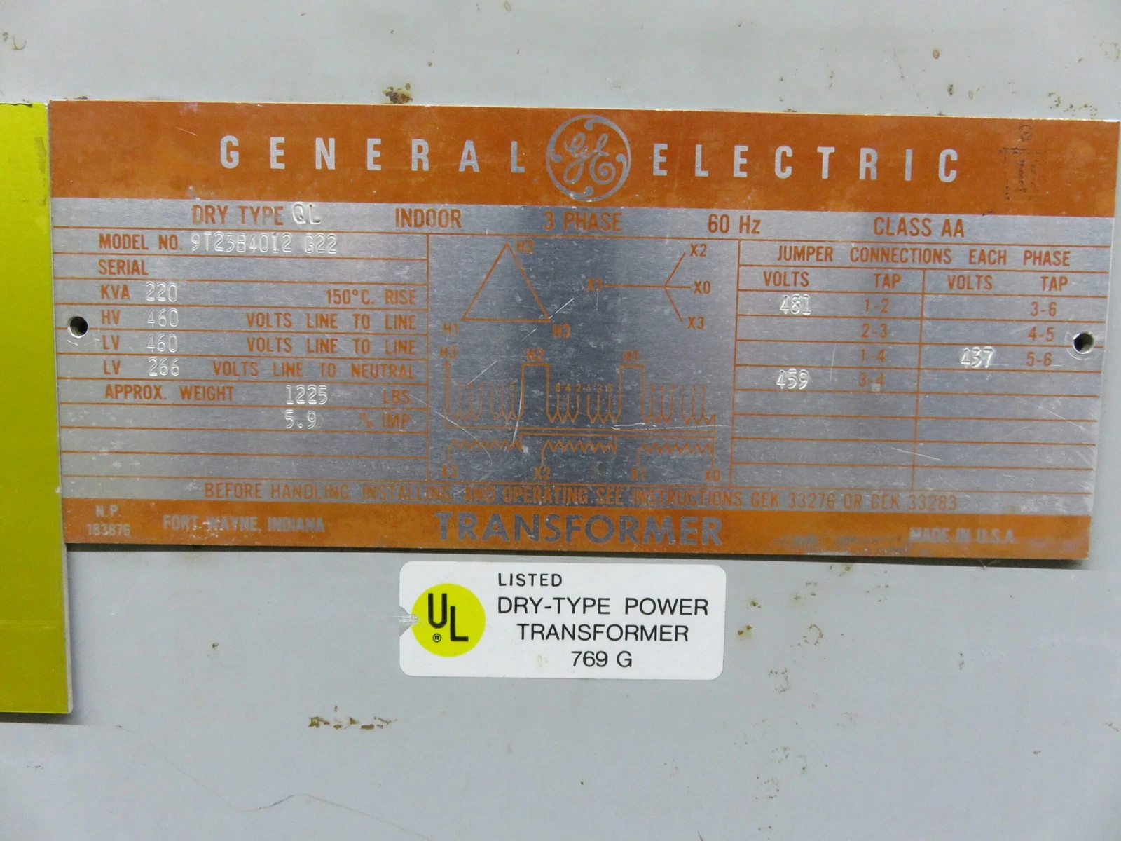 220 KVA 460 Primary, 460-266 Secondary, General Electric 9T23B4012, G22, type QL, 1 yr warranty - Image 6