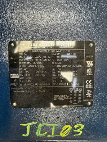 125 HP 1190 RPM Marathon #445TTDS16076AN, Electric Motor, Frame 445T, 145 amps, 460 Volts, 2017 - Image 6