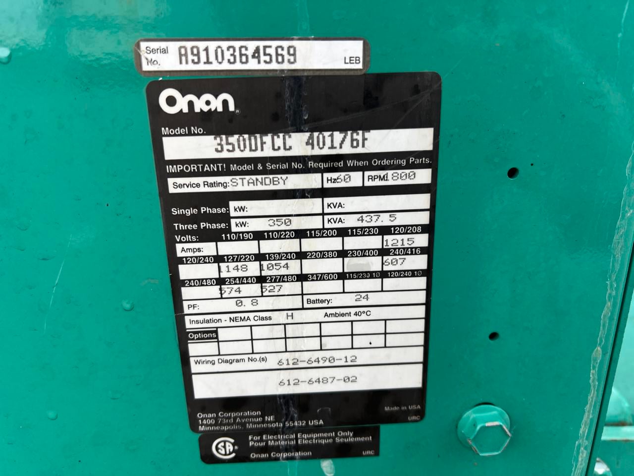 350 KW, Onan, Cummins #350DFCC-40176F, generator end with controller & breaker, 120/208 Volts, 649 hours, 1991 - Image 7