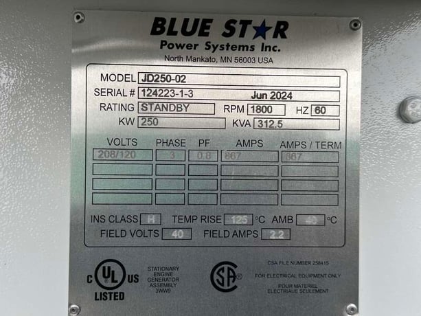 250 KW Blue Star Power Systems #JD250-02, diesel generator set, 120/208 Volts, 422 HP @ 1800 RPM, John Deere - Image 9