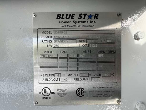 250 KW Blue Star Power Systems #JD250-02, diesel generator set, 120/208 Volts, 422 HP @ 1800 RPM, John Deere - Image 9